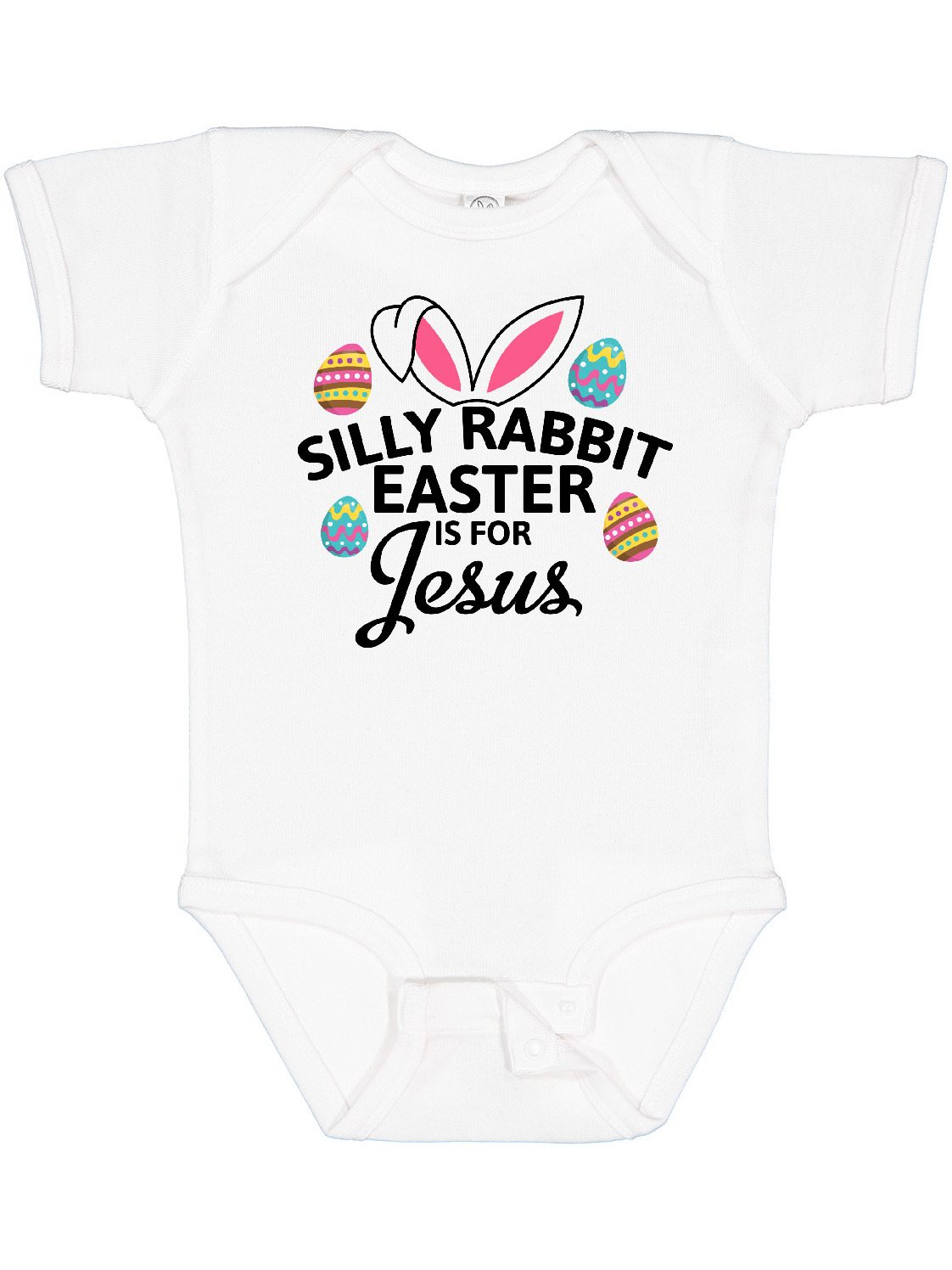 Inktastic Silly Rabbit Easter is for Jesus with Bunny Head and Easter Eggs Boys or Girls Baby Bodysuit